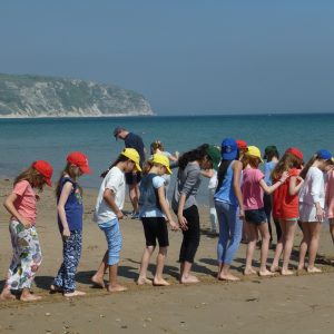 children forming a line on the beach