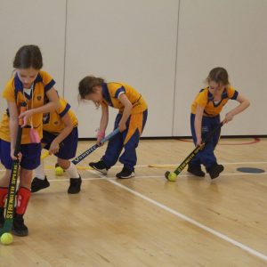 children playing hockey indoors