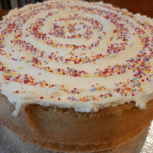 A sponge cake with icing and sprinkles on the top