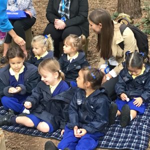 girls sitting down on a blanket in a forest